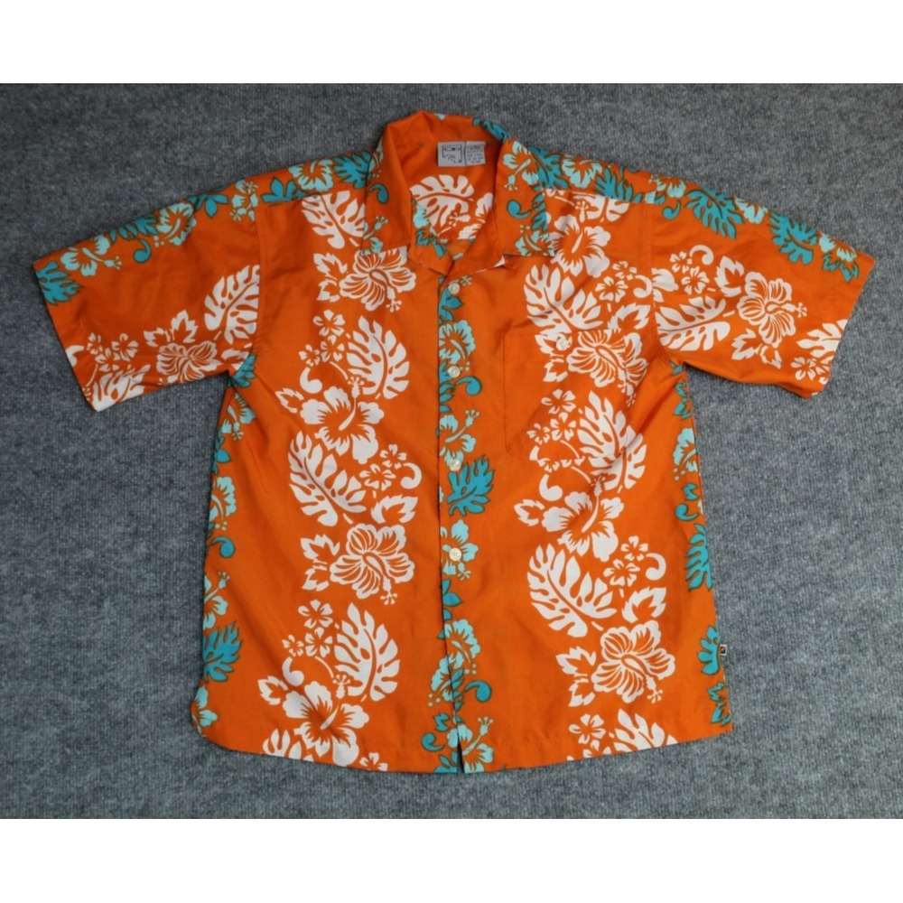 Vintage Ocean Pacific Hawaiian Shirt Mens Large Orange Tropical Leaf Surf Tribal